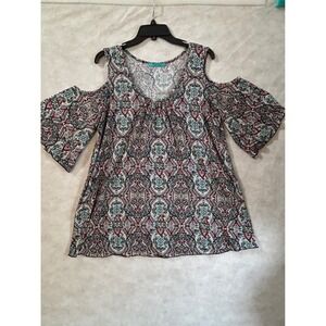 Turquoise Haven Womens Cold Shoulder Paisley Bell Sleeve Top Teal Burgundy XL